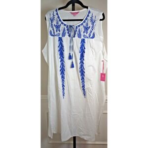 Simply Southern Women 100% Cotton White Dress Blue Embroidery Detail Tassels NWT